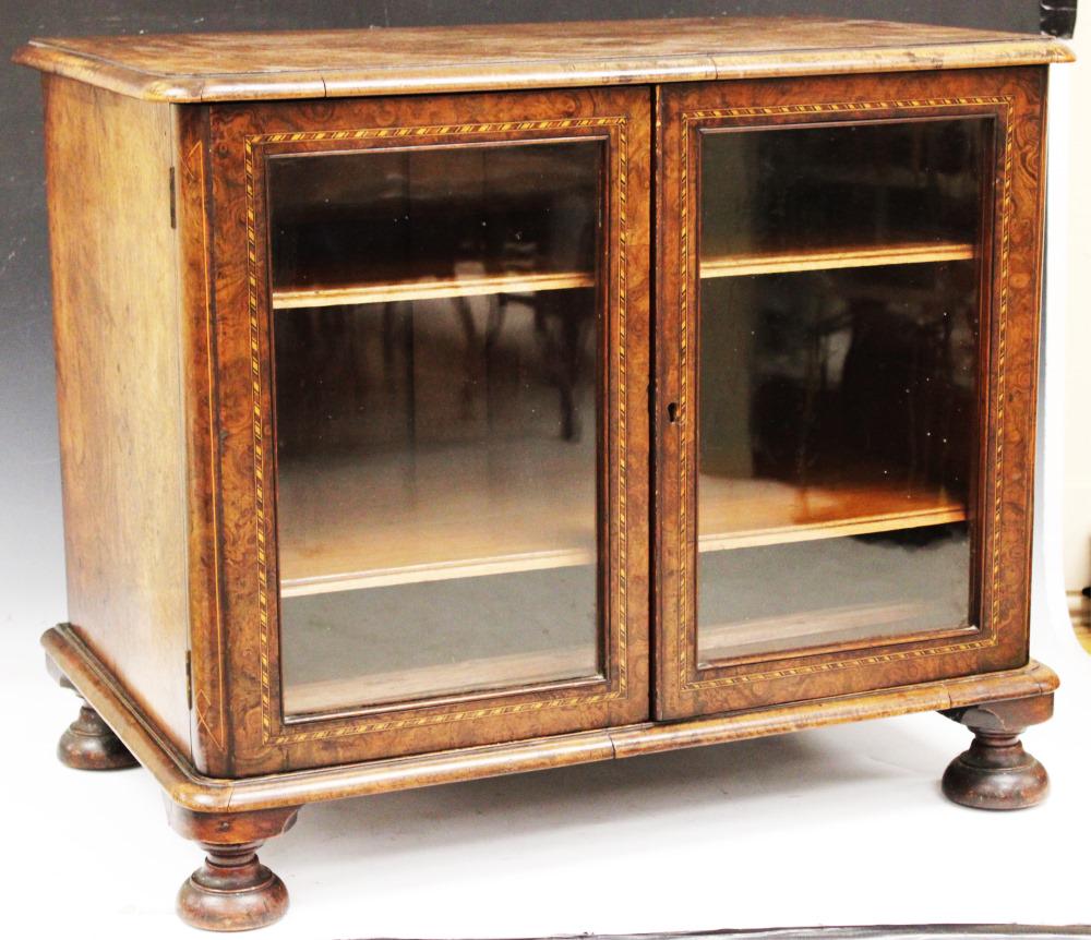 BURL WALNUT INLAID (2) DOOR CURIO CABINET, 19TH C. (1 of 3)