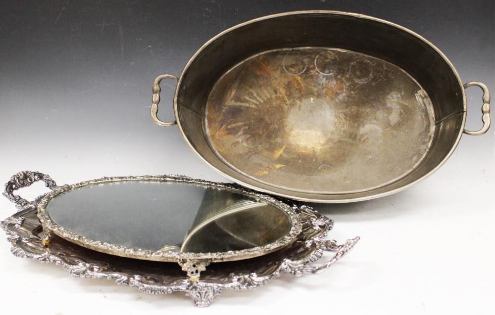 LOT OF (3)- SILVERPLATED TRAYS, ICE BUCKET (1 of 3)