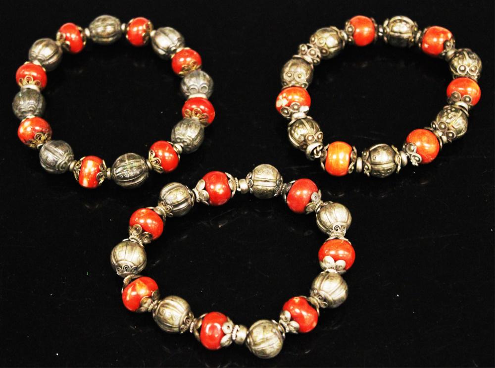 LOT OF (3) CHINESE SILVER CORAL BRACELETS (1 of 2)