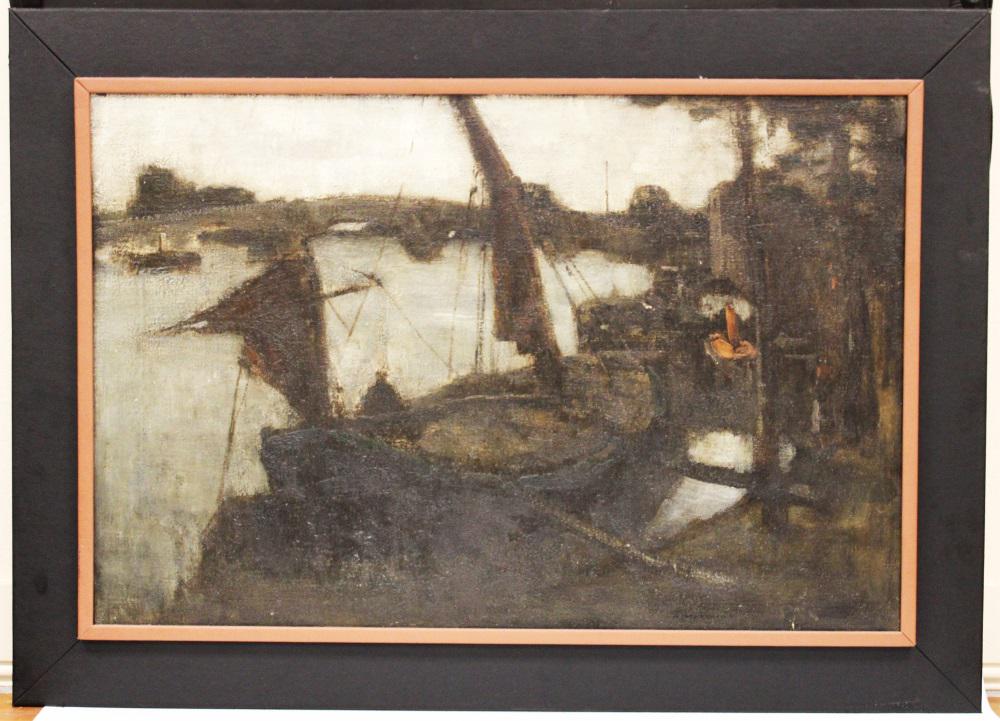 HENRY MUHRMAN (1854-1916), OIL ON CANVAS: Subject- Boats at Harbor Sight- 25" x 36" Overall- 32" x 44" MUST USE 3RD PARTY SHIPPER