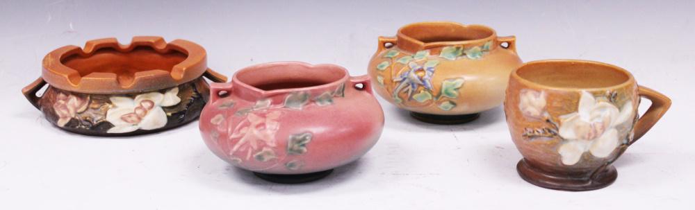 LOT OF (4) ROSEVILLE POTTERY: Magnolia ashtray 28 brown Magnolia Mug 3-3 brown Columbine 655-3 tan Columbine 655-3 pink MUST USE 3RD PARTY SHIPPER
