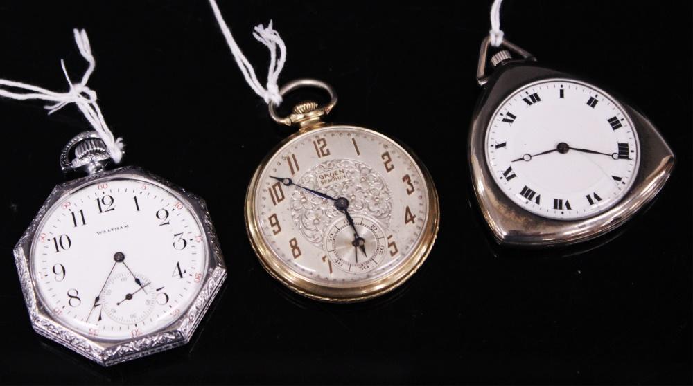 LOT OF (3) VINTAGE DRESS WATCHES: Waltham, #18585847, Gruen Width- 1 1/2"- 1 13/4" Weight- 176 grams In House Shipping within U.S. $20 plus insurancePlease note: The auction house does not guarantee any of the clocks and watches are r