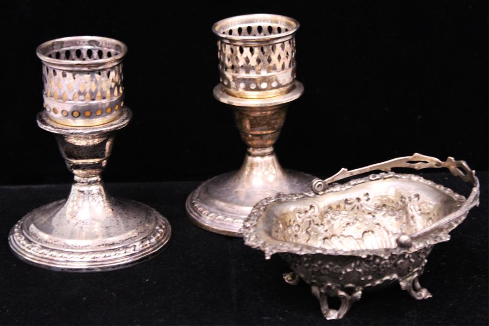LOT OF (3) STERLING SILVER CANDLESTANDS, .800 BASKET (1 of 2)
