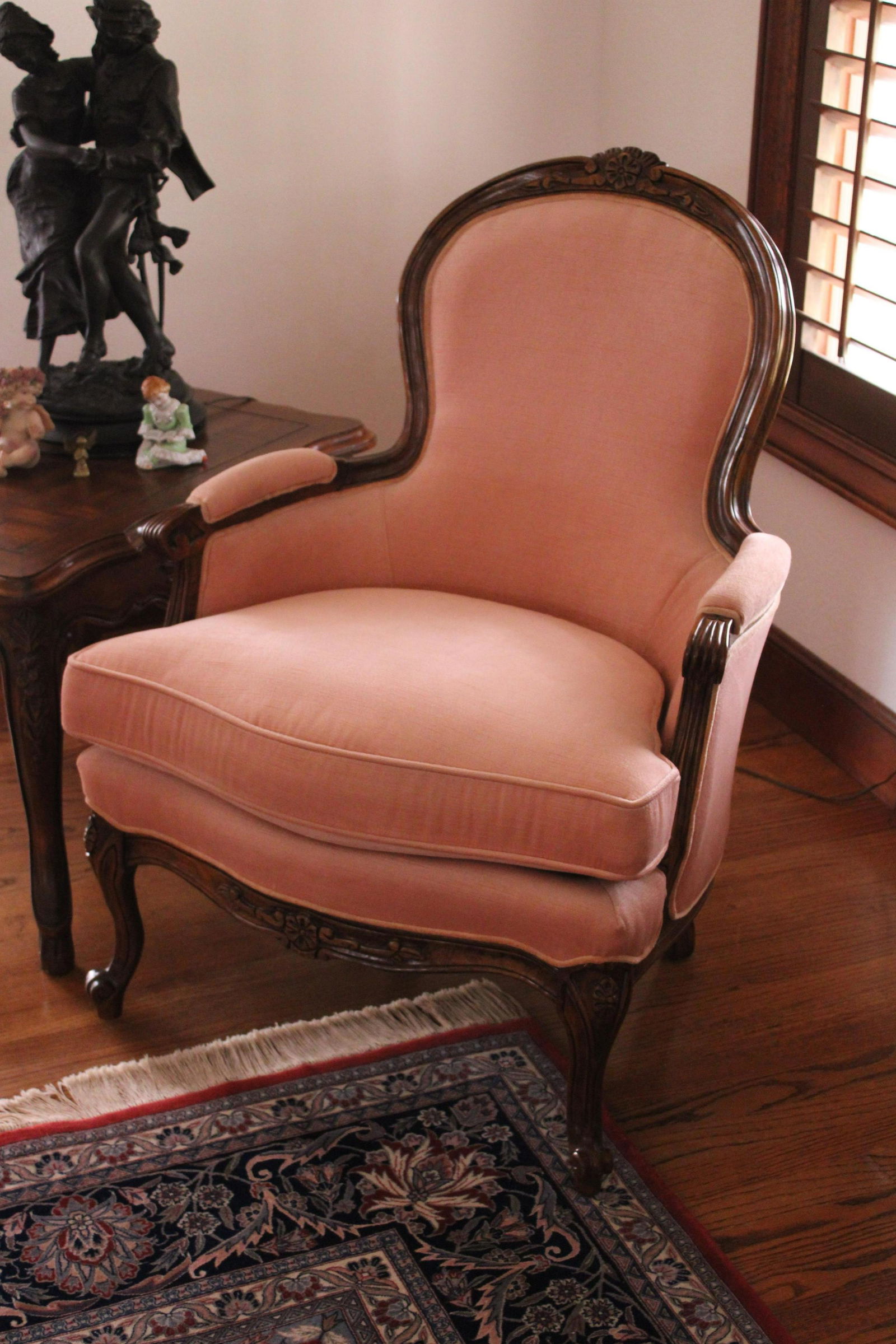 PR. 20TH C. CARVED WOOD PINK UPHOLESTRY CHAIRS (1 of 3)
