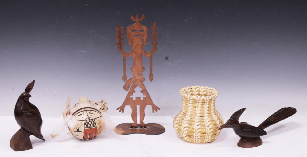 NATIVE AMERICAN BASKET, WATER CANTEEN- LOT OF (5) (1 of 2)