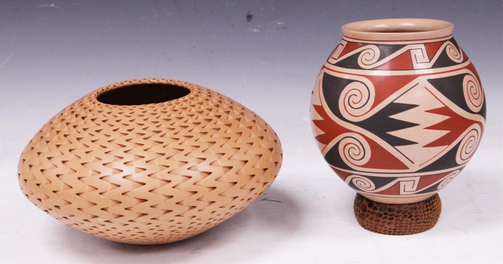 NATIVE AMERICAN POTS, LOT OF (2): Michael Wisner Height- 5"-7" Width- 6 1/2"- 10" No in-house shipping available for this item View our list of Recommended Shippers