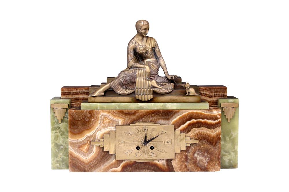 ART DECO ONYX & CAST METAL STATUE CLOCK (1 of 7)