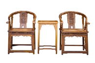 CHINESE VINTAGE CARVED ARM CHAIRS & TEA TABLE