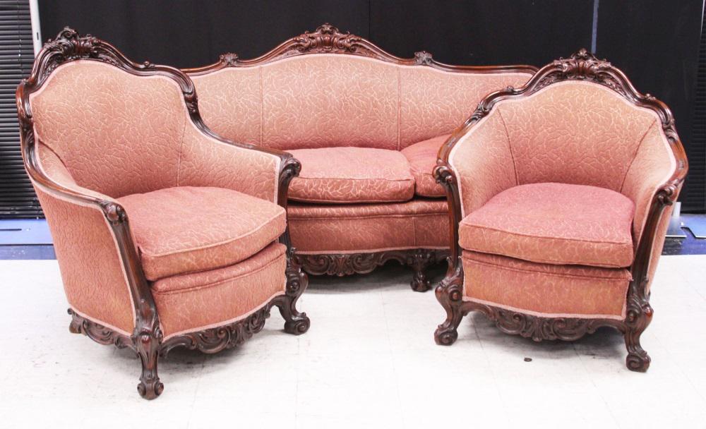 AMERICAN CARVED MAHOGANY 3 PC. SOFA, CHAIRS SET (1 of 6)
