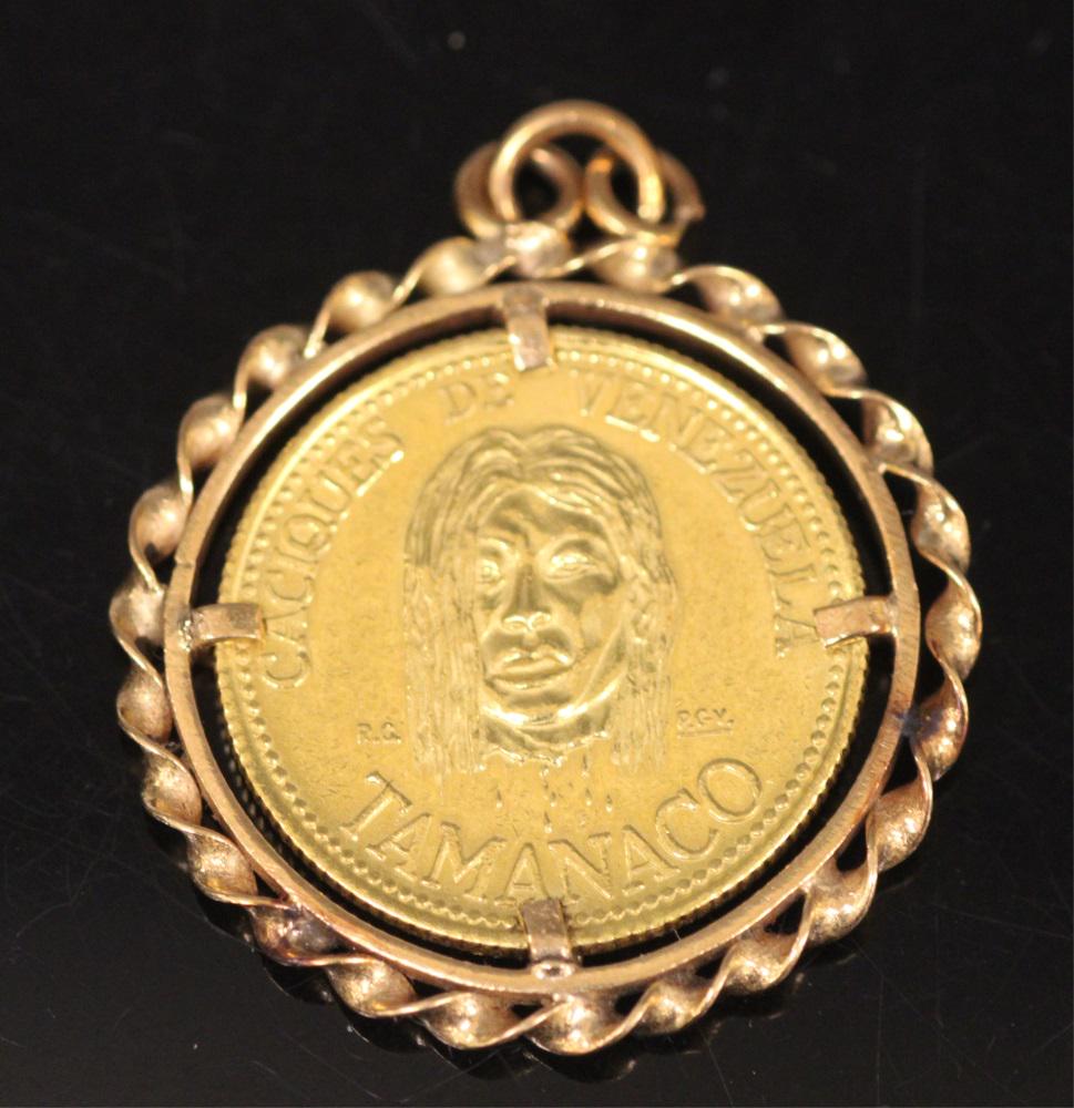 VENEZUELAN GOLD COIN W/14KT PENDANT: 900 GOLD COIN- 6 grams Shipping U.S. $15 plus insurance