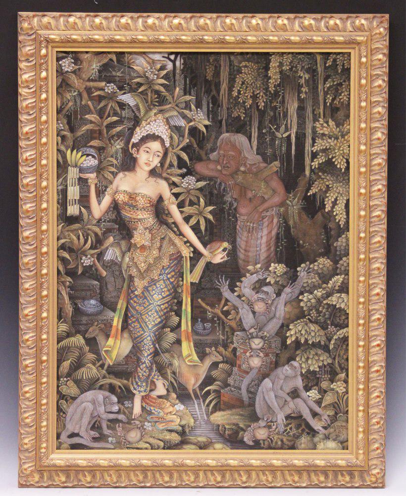 BALI PAINTING ON SILK, SIGNED LANIR: Overall- 28" x 36" Buyer is responsible to arrange shipment of this lot with 3rd party shipper. Please view our list of 3rd party shippers. All lots must be picked up or shipped by