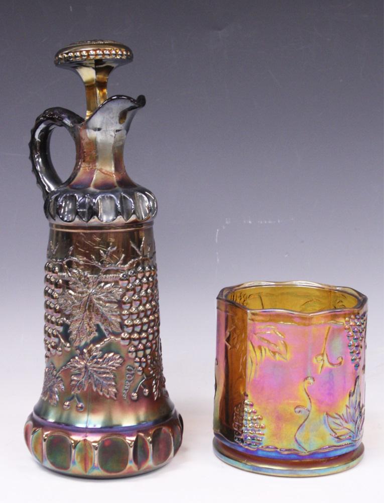 CARNIVAL VINTAGE GLASS- DECANTER & JAR: Height- 5"-12" Condition- restoration on decanter Buyer is responsible to arrange shipment of this lot with 3rd party shipper. Please view our list of 3rd party shippers.