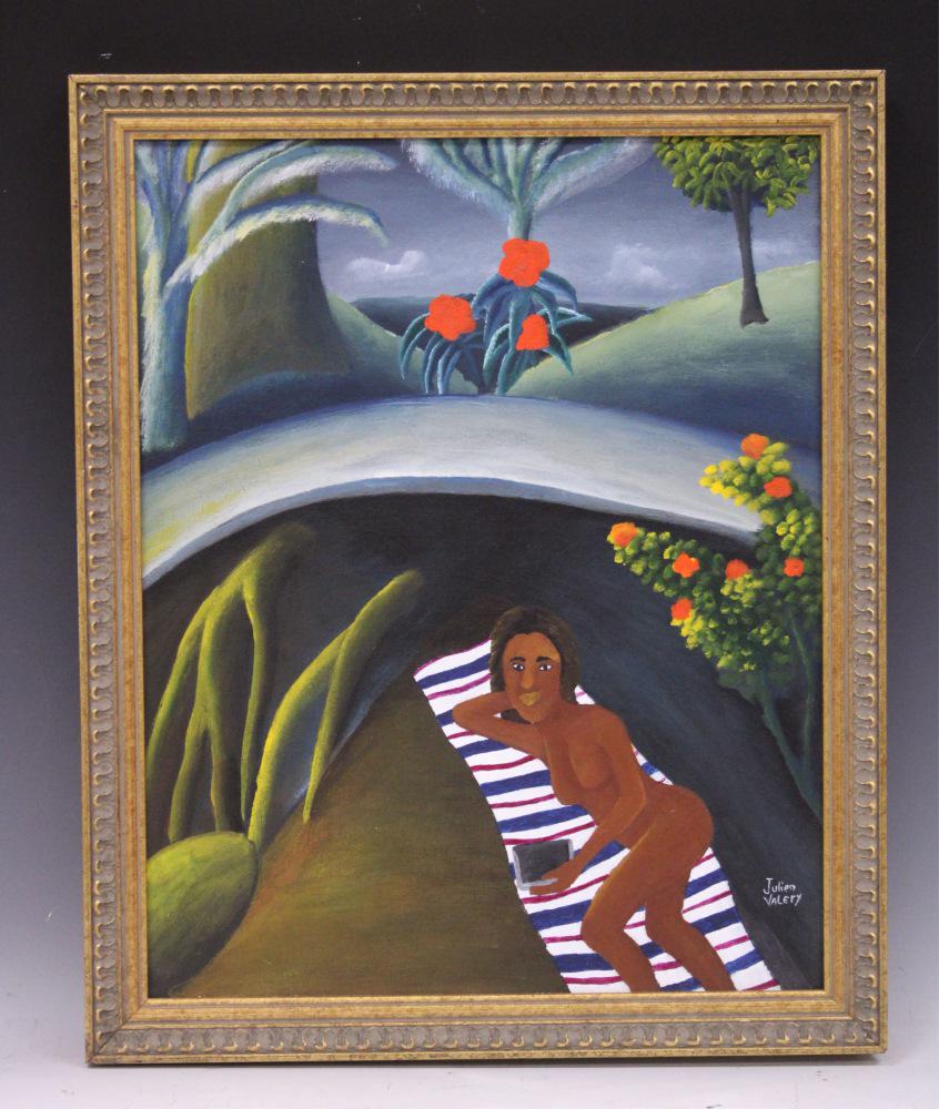 JULIAN VALERY (1958-2001) HAITIAN OIL ON CANVAS: Sight- 15 1/2" x 19" Overall- 18 1/4" x 22"
