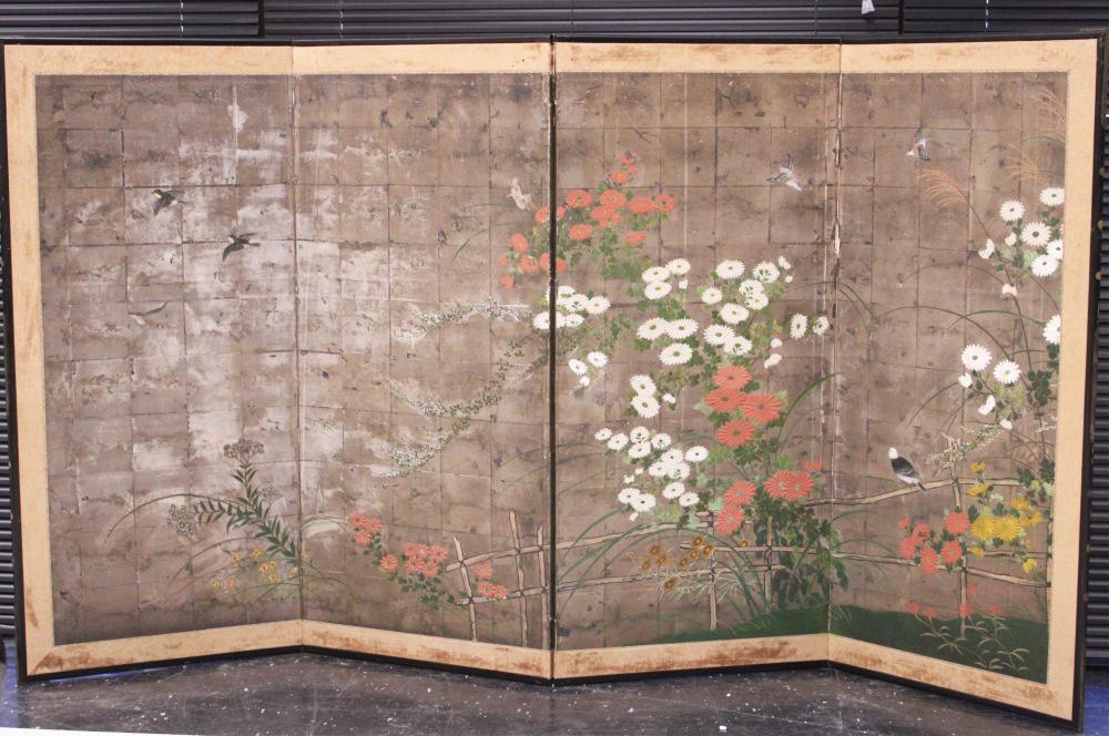 JAPANESE VINTAGE PAINTED FOUR PANEL SCREEN (1 of 1)
