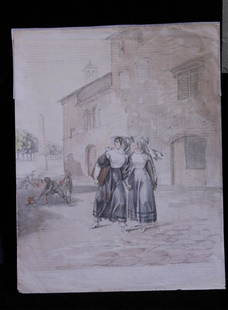 LUDWIG EMIL GRIMM (1790-1863), WATERCOLOR: Street scene with figures Sight- 7 1/8" x 9 1/4"