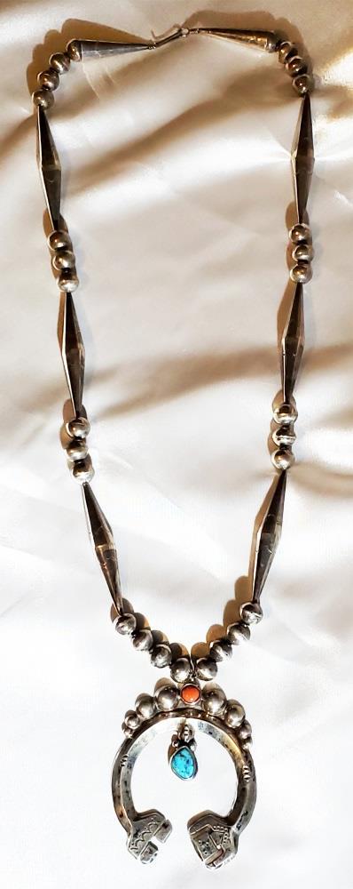 NATIVE AMERICAN SILVER SQUASH BLOSSON NECKLACE: with turquoise and coral Weight- 91.2 grams