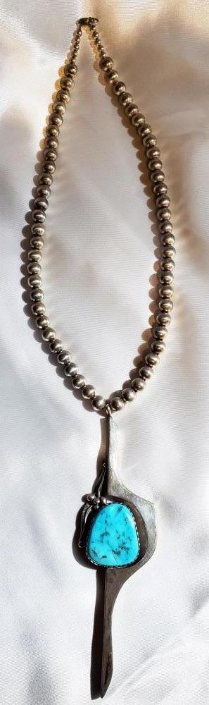 NATIVE AMERICAN SILVER TURQUOISE SIGNED NECKLACE (1 of 3)