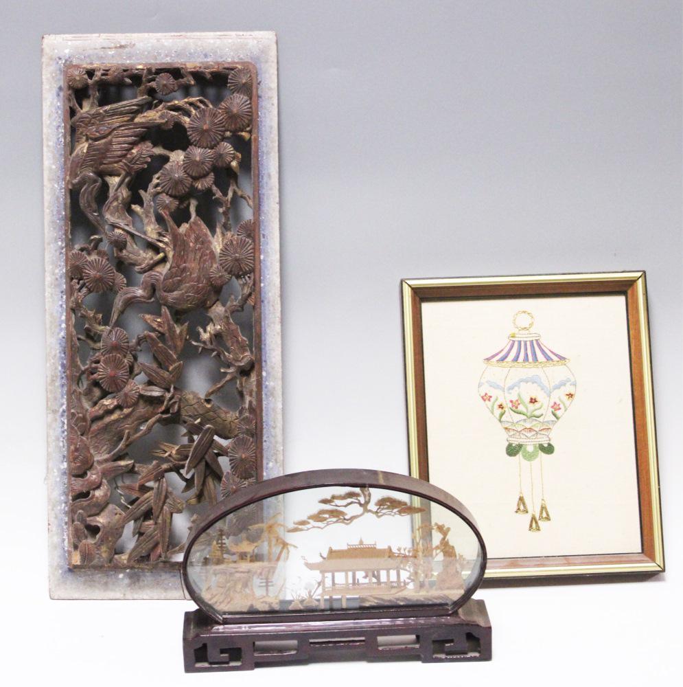 CHINESE WOOD PANEL, EMBROIDEREY, SCULPTURE (3) PC.: Shipping U.S. $45 plus insurance