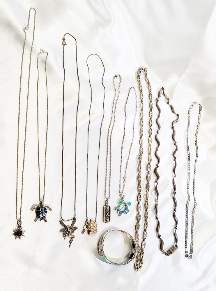 LOT OF (9) STERLING SILVER NECKLACES, BRACLET (1 of 5)