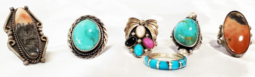 NATIVE AMERICAN (6) TOTAL SILVER TURQUOISE RINGS: Weight- 74 grams Shipping U.S. $20 plus insurance
