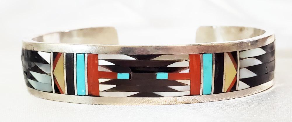 NATIVE AMERICAN ZUNI INLAID SILVER CUFF: Signed- C. Dishta Weight- 28 grams Shipping U.S. $15 plus insurance