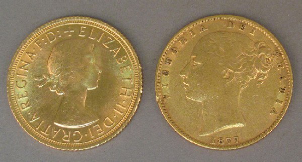 LOT OF (2) GREAT BRITIAN GOLD COINS, 1877 Sovereig: LOT OF (2) GREAT BRITIAN GOLD COINS, 1877 Sovereign and 1968 Sovereign
