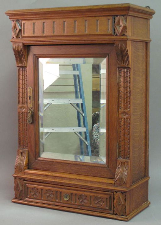 227 Victorian Oak Medicine Cabinet With Beveled Mirror Sep 26