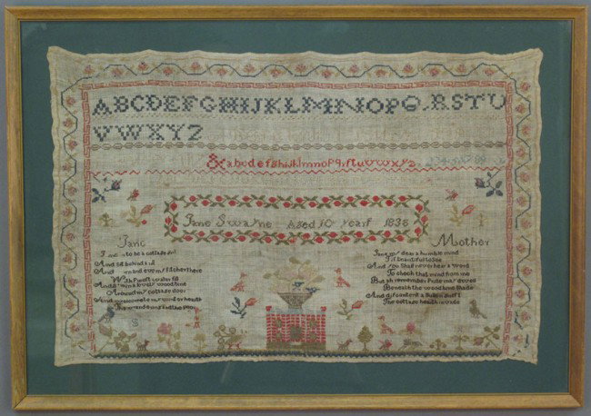 EARLY 19TH CENTURY SAMPLER Jane Swayne 10 years ol: EARLY 19TH CENTURY SAMPLER Jane Swayne 10 years old dated 1838 overall: 21"x 30"