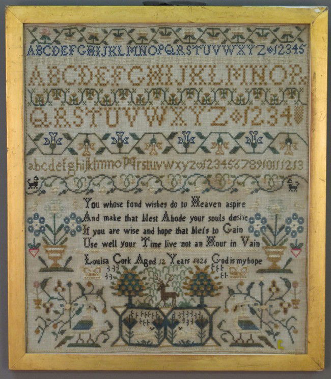 EARLY 19TH CENTURY SAMPLER Louisa Cork, dated 1826: EARLY 19TH CENTURY SAMPLER Louisa Cork, dated 1826 overall: 13"x 15"