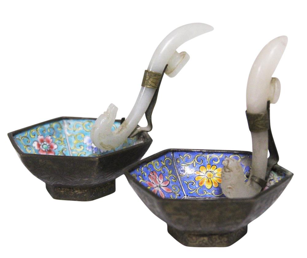 CHINESE JADE HANDLE ENAMELED BOWLS, (2) TOTAL (1 of 7)