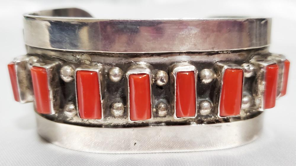 NATIVE AMERICAN CORAL & SILVER SILVER CUFF: Weight- 74 grams Shipping U.S. $20 plus insurance