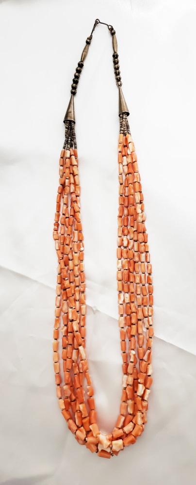NATIVE AMERICAN BEADED CORAL SILVER NECKLACE (1 of 4)