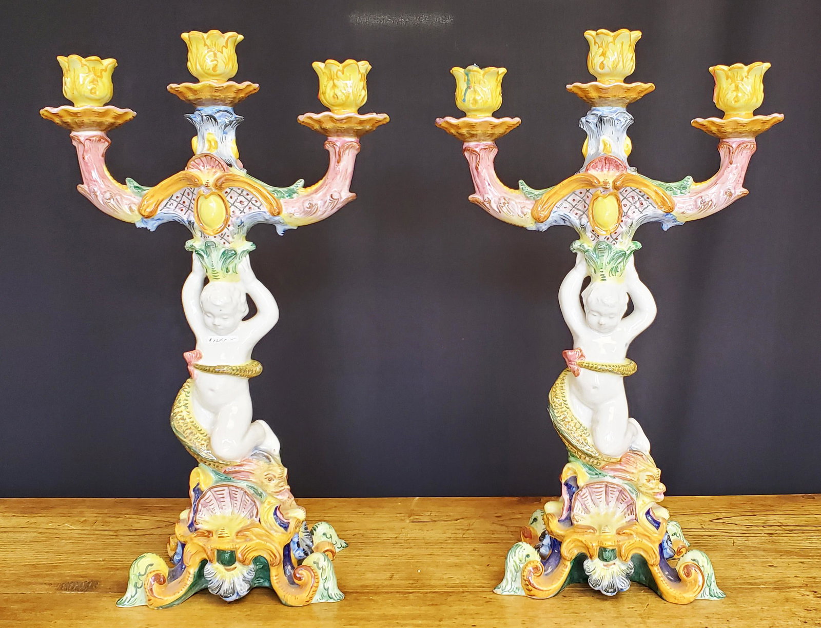 ITALIAN FIGURAL PORCELAIN CANDLEABRAS: Height- 18"