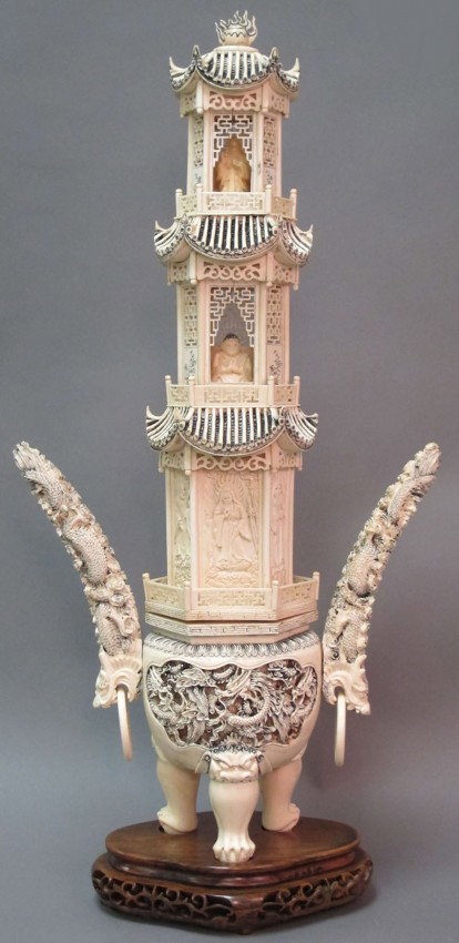 CHINESE CARVED IVORY TEMPLE: - CHINESE CARVED IVORY TEMPLE on stand height: 26 1/4" (ivory stand) note: display case included with this lot