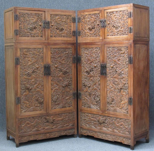 PAIR OF CHINESE CARVED WOOD CABINETS with five toed: - PAIR OF CHINESE CARVED WOOD CABINETS with five toed dragon decoration height:94",width:47",depth:22"