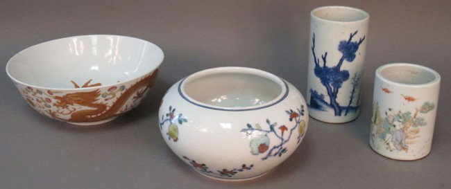 LOT OF (4) CHINESE INCLUDING BRUSH POTS, FLOWER PO: - LOT OF (4) CHINESE INCLUDING BRUSH POTS, FLOWER POT, BOWL