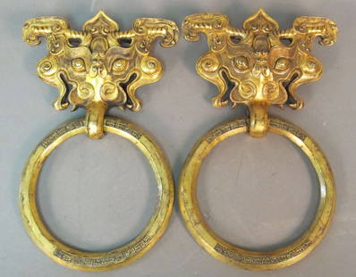 PAIR OF GILT BRONZE DOOR HANDLES, Yuanming Yuan: - PAIR OF GILT BRONZE DOOR HANDLES, Yuanming Yuan inscription:Qianlong Zaoban Chu, Geng Wu Nian Zhi, Chang Chun Yuan, Yu ling Long Guan, Tao Jia, after Wu length: 14", width" 8 1/2"