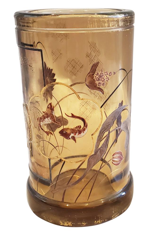 GALLE SIGNED CAMEO JAPANESE MOTIFF GLASS VASE: Height- 6 1/2" Shipping $65 plus insurance