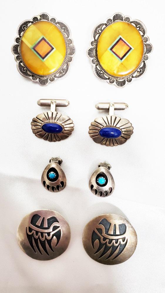 NATIVE AMERICAN SILVER EARRINGS, (4) TOTAL SETS: Weight- 57.9 grams Shipping U.S. $20 plus insurance