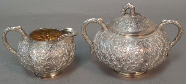 CHINESE SILVER CREAM AND SUGAR Maker: Wang Hing w: - CHINESE SILVER CREAM AND SUGAR Maker: Wang Hing with hallmarks weight: 17 troy oz.