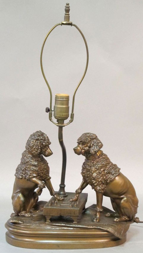 FRENCH SPELTER STATUE LAMP of dogs playing chess: - FRENCH SPELTER STATUE LAMP of dogs playing chess early 20th century