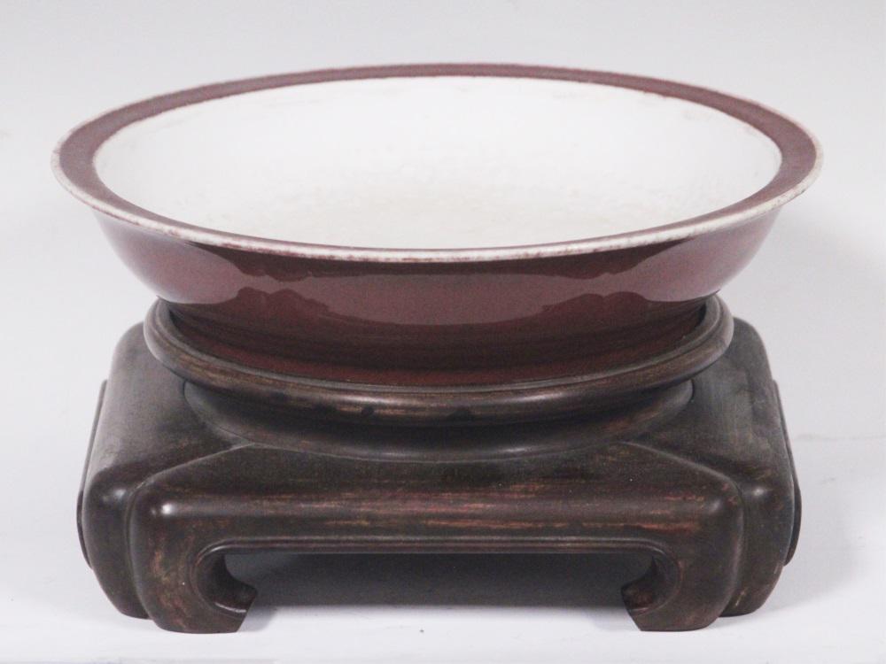 CHINESE OX BLOOD FLAMBE BOWL W/ STAND: Diameter- 11 3/4" Height- 2 3/4" Shipping U.S. $60 plus insurance