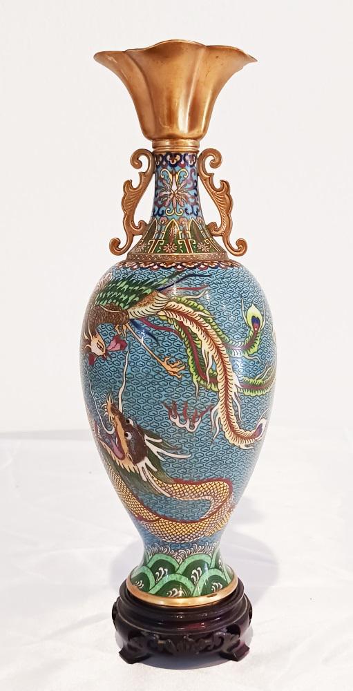CHINESE CLOISSONE VINTAGE VASE: with dragon and phoneix Height- 10 1/2" Shipping U.S. $40 plus insurance