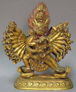 VAJRABHAIRAVA, GILT BRONZE circa 18th/19th century: VAJRABHAIRAVA, GILT BRONZE circa 18th/19th century note: some pitting on bronze, shows wear, scroll underside height: 8" weight: 94.2 troy oz.