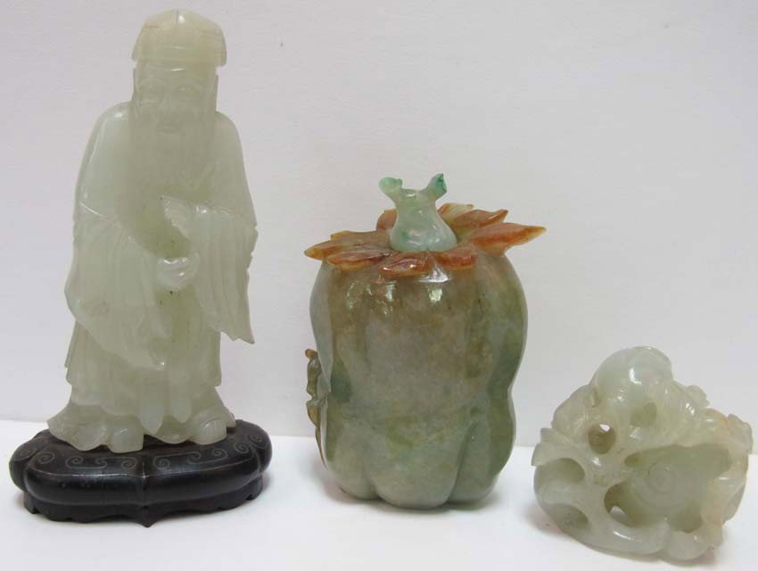 LOT OF (3) CHINESE CARVED JADE including figure, sn: LOT OF (3) CHINESE CARVED JADE including figure, snuff bottle carving with bats Figure: Height:3 1/8" Snuff Bottle: Height: 2 1/2" Carving: Length: 1 1/2"