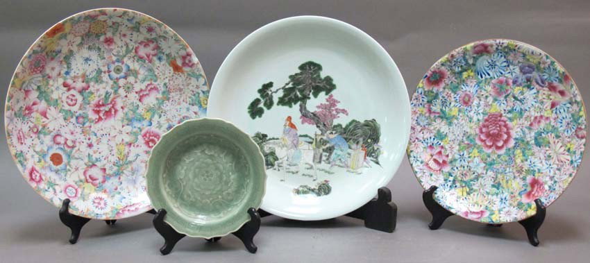 LOT OF (4) CHINESE PLATES group includes FAMILLE R: LOT OF (4) CHINESE PLATES group includes FAMILLE ROSE Pattern, Celadon note: (2) minor chips on rim