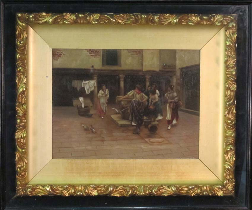 ITALIAN INTERIOR COURT SCENE of LADIES AT THE WEL: ITALIAN INTERIOR COURT SCENE of LADIES AT THE WELL O/B, circa 19th century sight: 11"x 14" note: old San Francisco Gallery Label on back shadow box frame