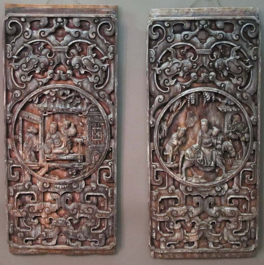 PAIR OF CHINESE CARVED WOOD PANELS overall: 13"x : PAIR OF CHINESE CARVED WOOD PANELS overall: 13"x 33"