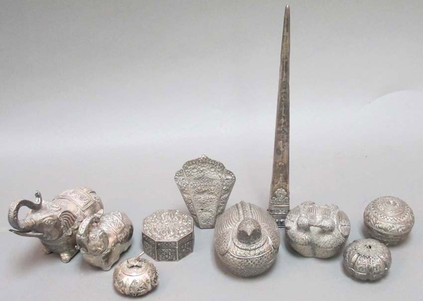 LOT OF (10) SILVER CAMBODIAN DECORATIVE ITEMS: LOT OF (10) SILVER CAMBODIAN DECORATIVE ITEMS