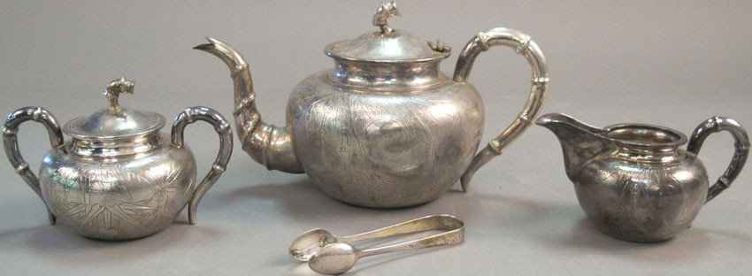 CHINESE STERLING SILVER TEA SERVICE (3) matching pcs: CHINESE STERLING SILVER TEA SERVICE (3) matching pcs. with tongs weight: 34 troy oz. estimate 1200-1800